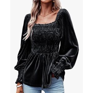 Velvet Square Neck Smocked Tunic Top – Retro Long Sleeve Size Large